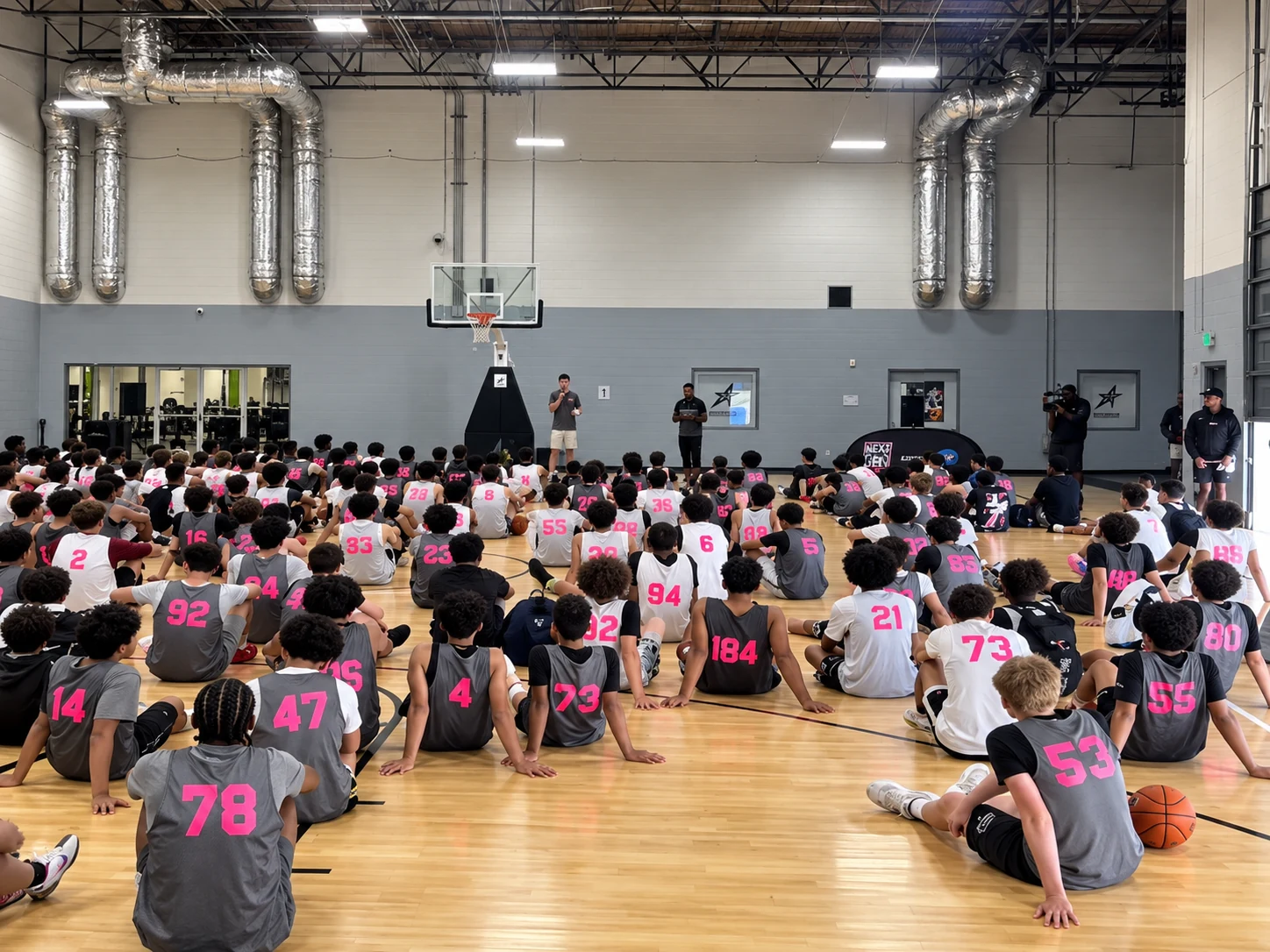 Young basketball players gathered for a coaching talk at a US camp