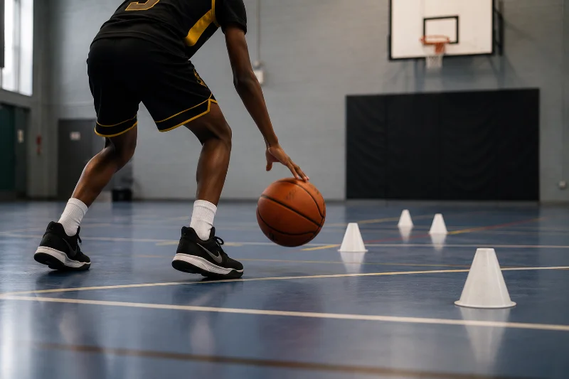 A School of Skill player practising ball-handling through a cone drill